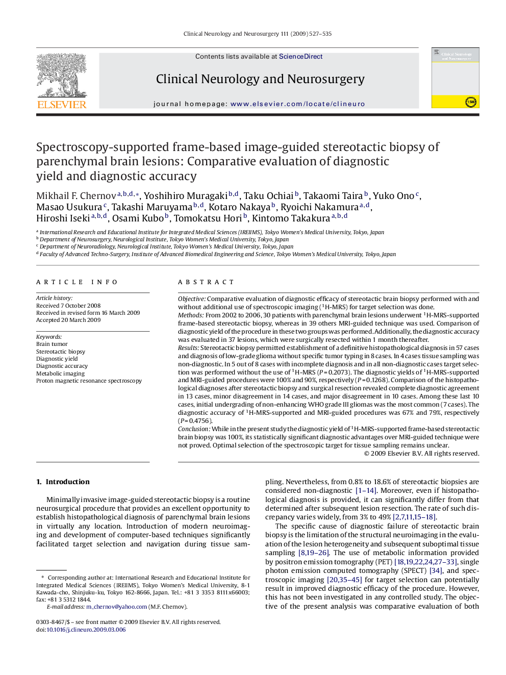 Spectroscopy-supported frame-based image-guided stereotactic biopsy of parenchymal brain lesions: Comparative evaluation of diagnostic yield and diagnostic accuracy