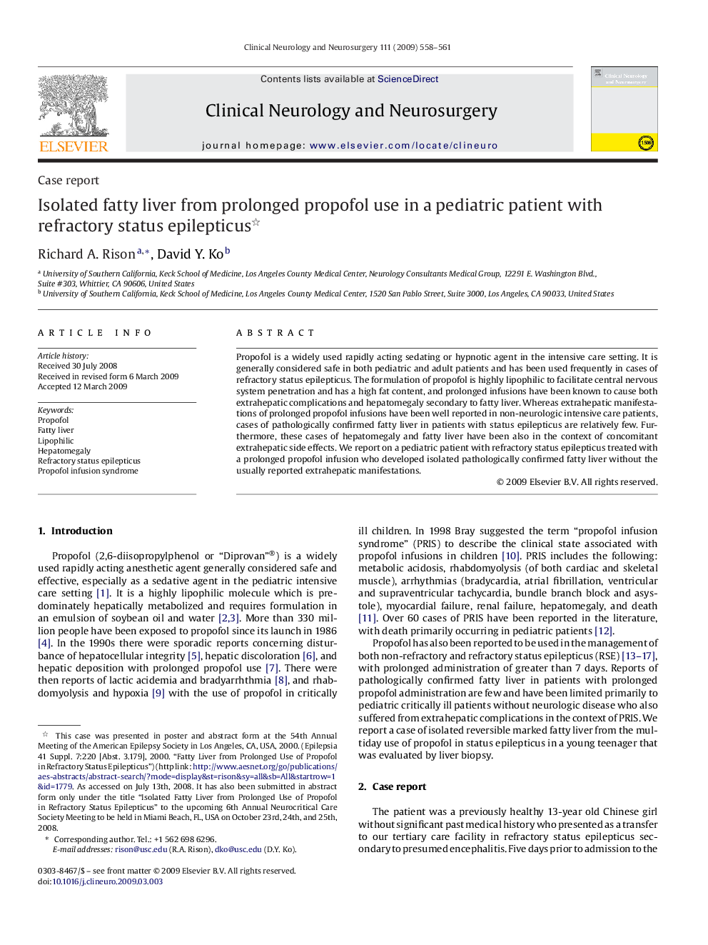 Isolated fatty liver from prolonged propofol use in a pediatric patient with refractory status epilepticus 