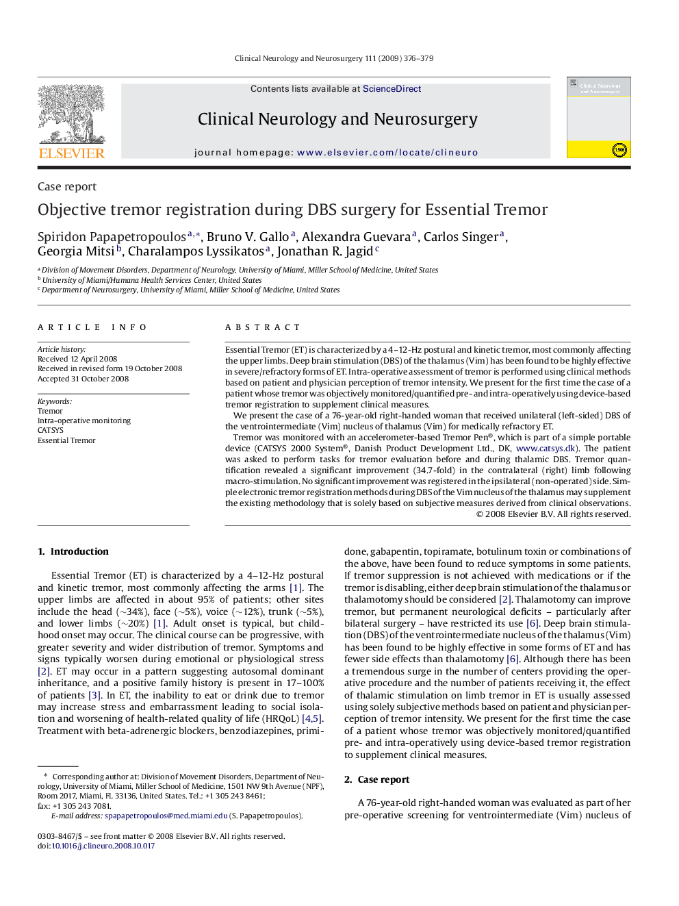 Objective tremor registration during DBS surgery for Essential Tremor