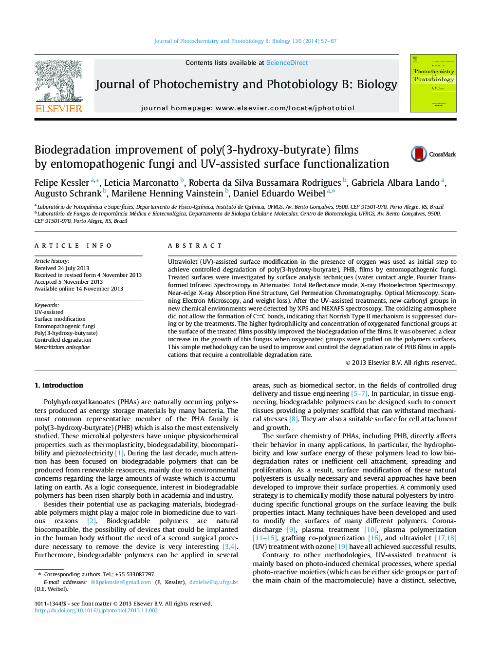 Biodegradation improvement of poly(3-hydroxy-butyrate) films by entomopathogenic fungi and UV-assisted surface functionalization