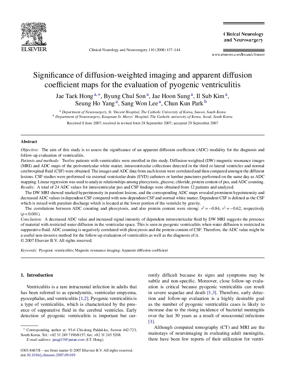 Significance of diffusion-weighted imaging and apparent diffusion coefficient maps for the evaluation of pyogenic ventriculitis