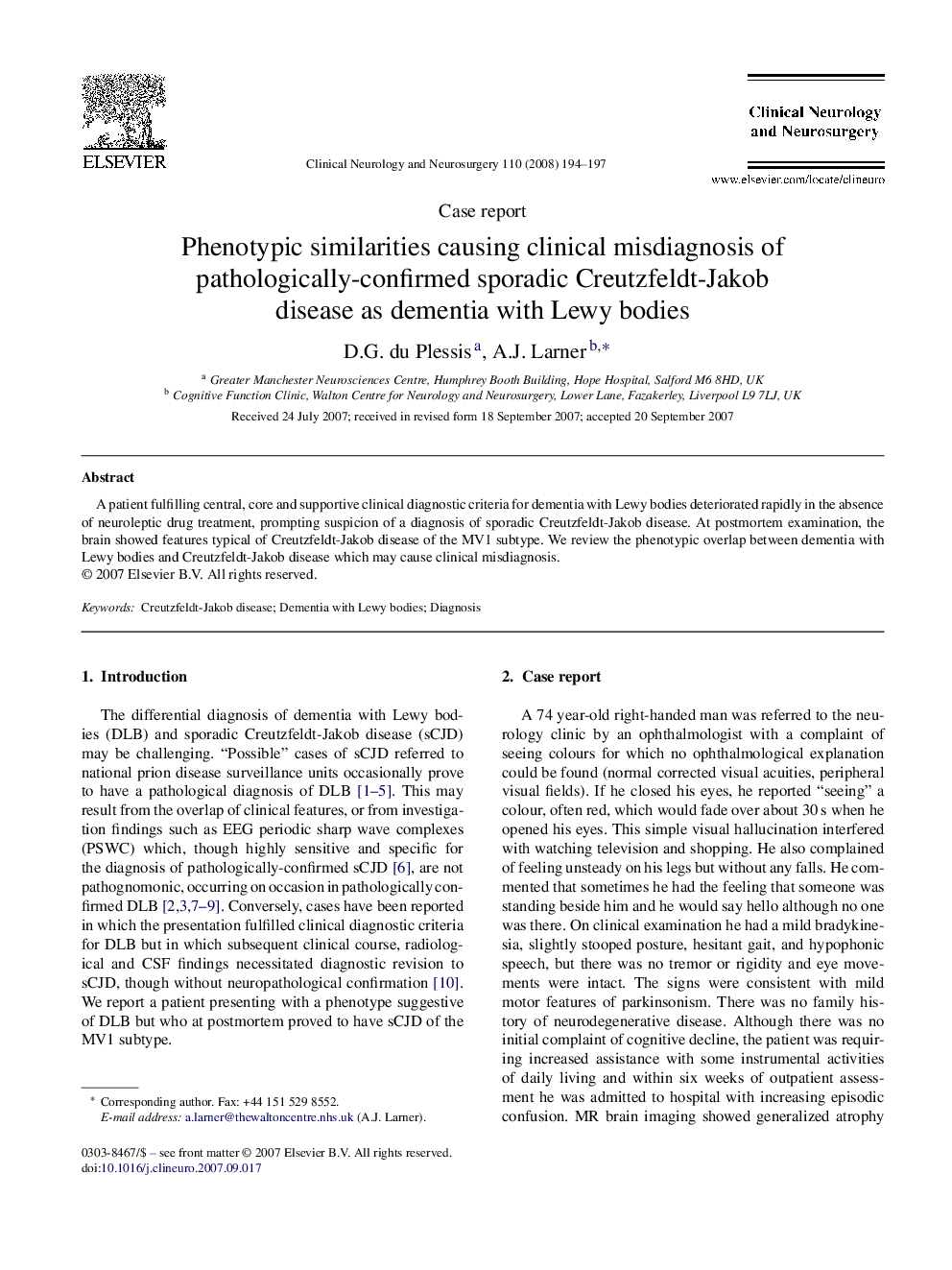 Phenotypic similarities causing clinical misdiagnosis of pathologically-confirmed sporadic Creutzfeldt-Jakob disease as dementia with Lewy bodies