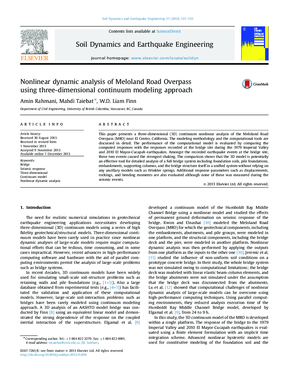 Nonlinear dynamic analysis of Meloland Road Overpass using three-dimensional continuum modeling approach