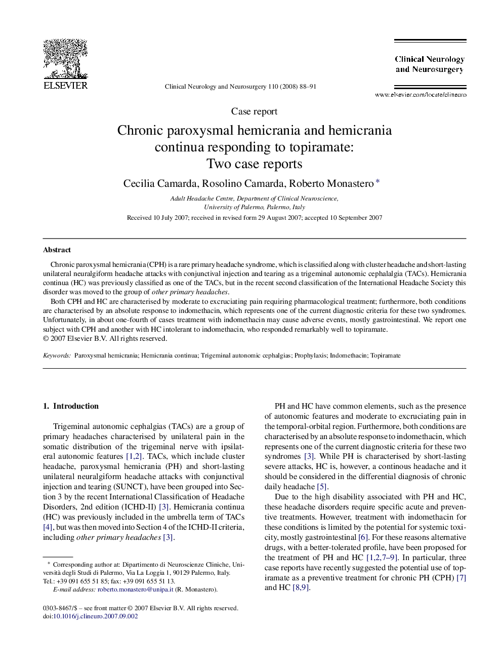 Chronic paroxysmal hemicrania and hemicrania continua responding to topiramate: Two case reports