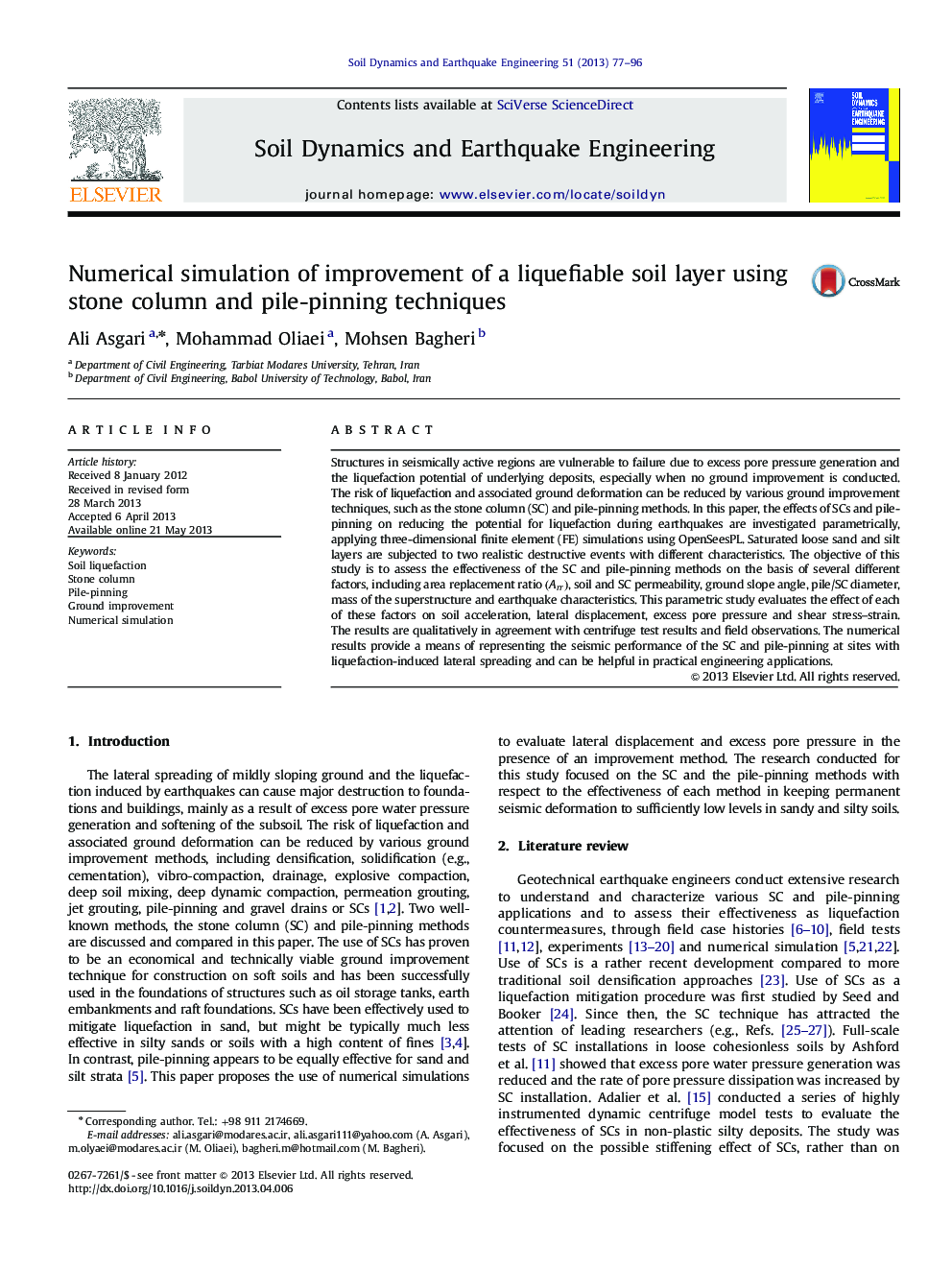 Numerical simulation of improvement of a liquefiable soil layer using stone column and pile-pinning techniques