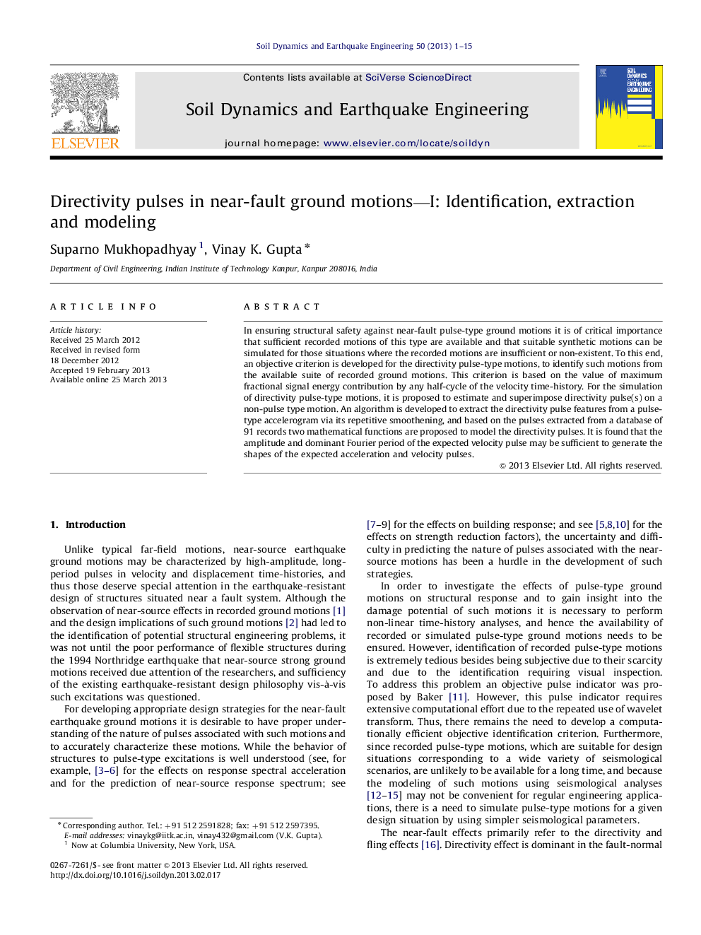 عکس صفحه اول مقاله: Directivity pulses in near-fault ground motions—I: Identification, extraction and modeling Directivity pulses in near-fault ground motions—I: Identification, extraction and modeling
