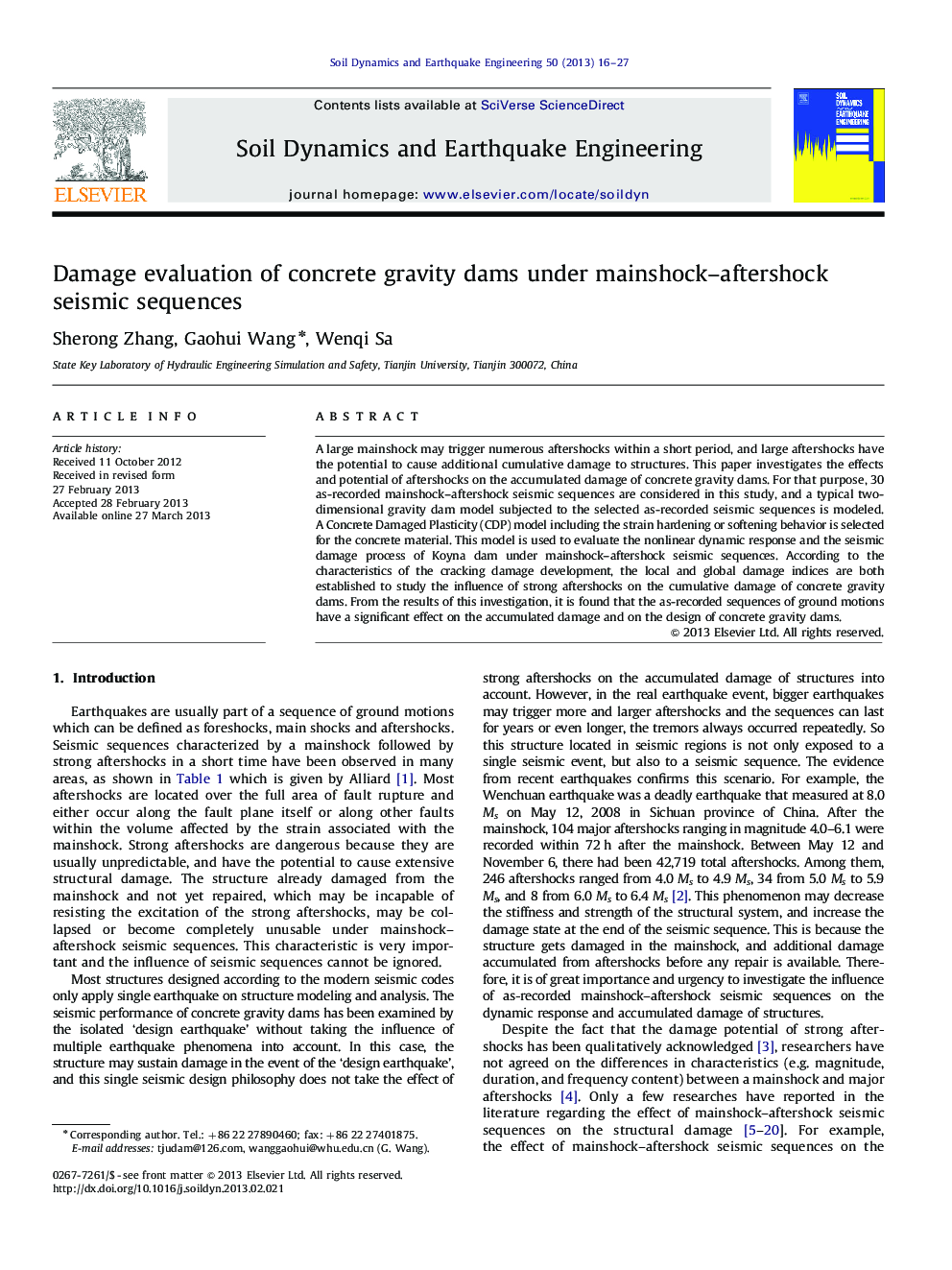 عکس صفحه اول مقاله: Damage evaluation of concrete gravity dams under mainshock–aftershock seismic sequences Damage evaluation of concrete gravity dams under mainshock–aftershock seismic sequences