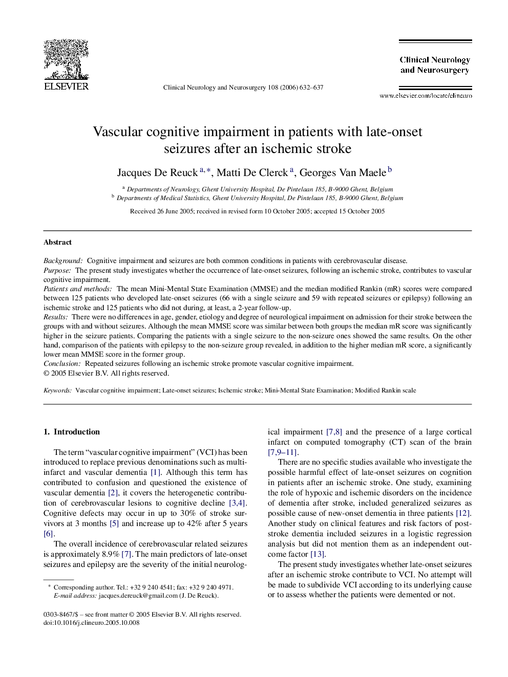 Vascular cognitive impairment in patients with late-onset seizures after an ischemic stroke