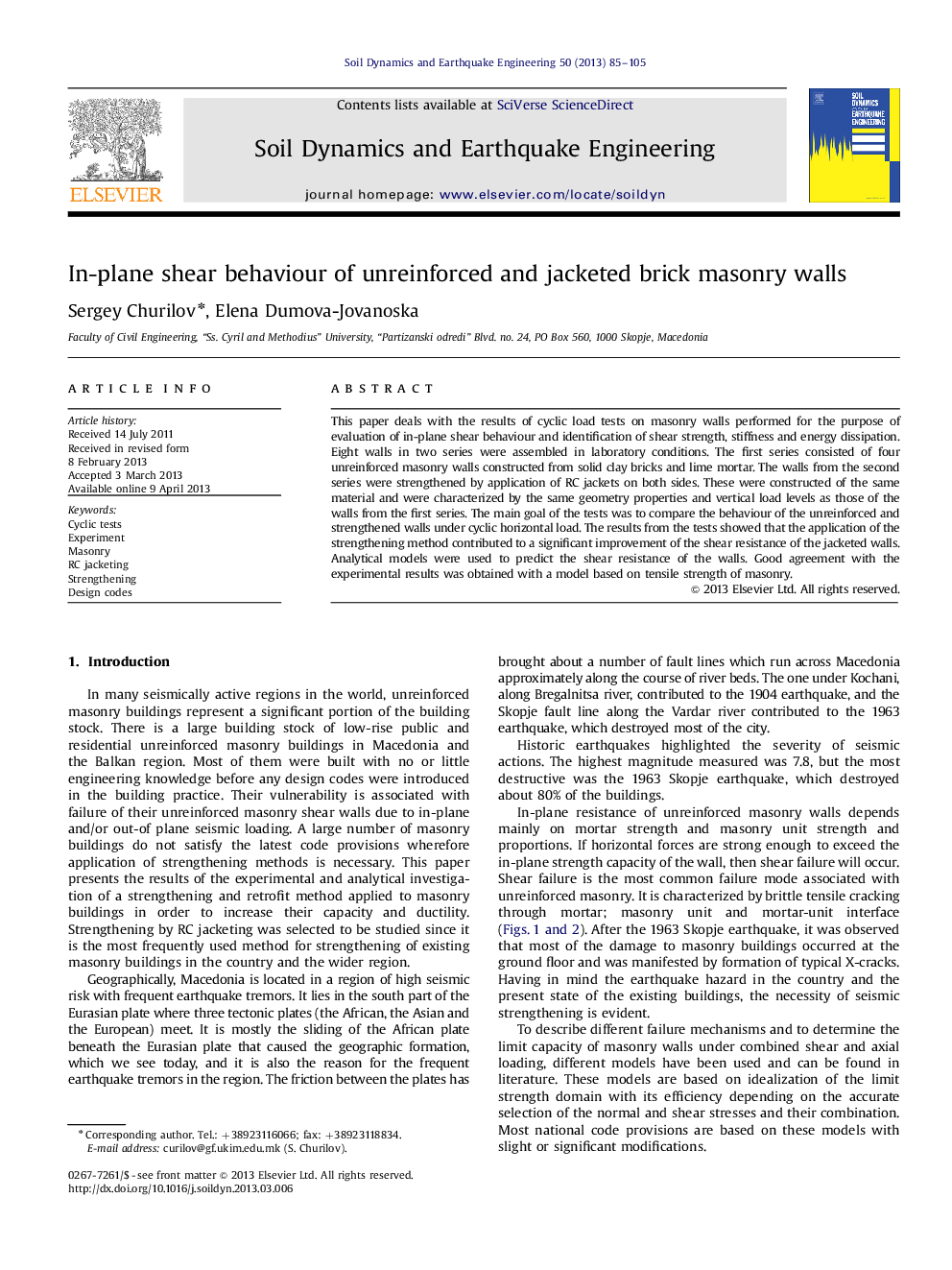 In-plane shear behaviour of unreinforced and jacketed brick masonry walls