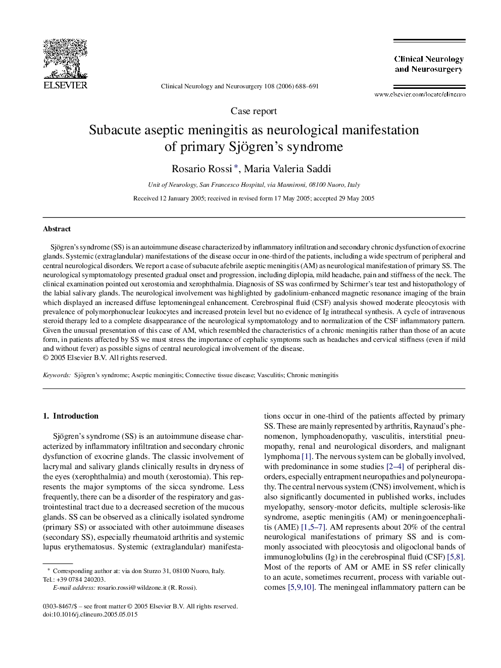 Subacute aseptic meningitis as neurological manifestation of primary Sjögren's syndrome