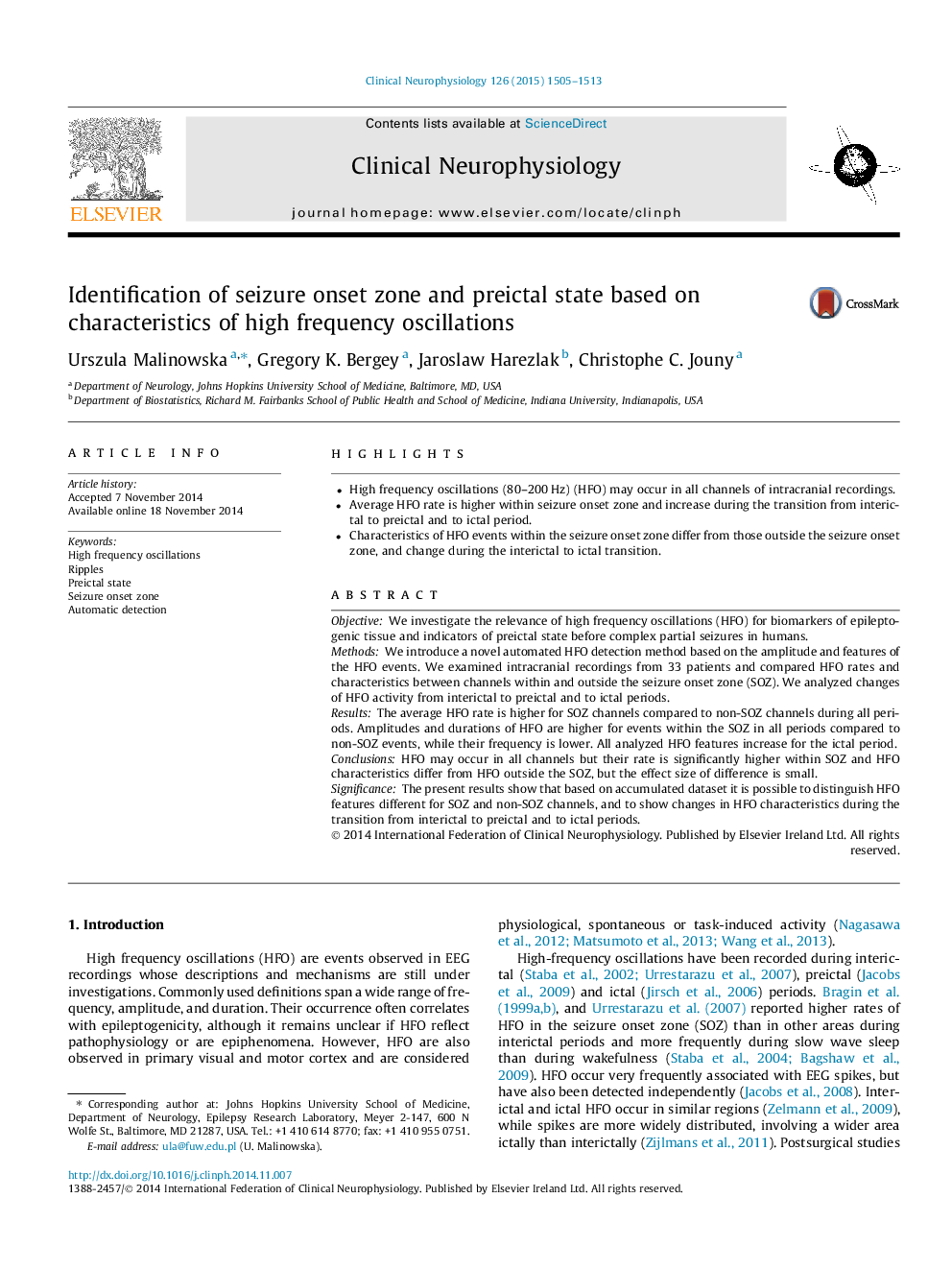 Identification of seizure onset zone and preictal state based on characteristics of high frequency oscillations