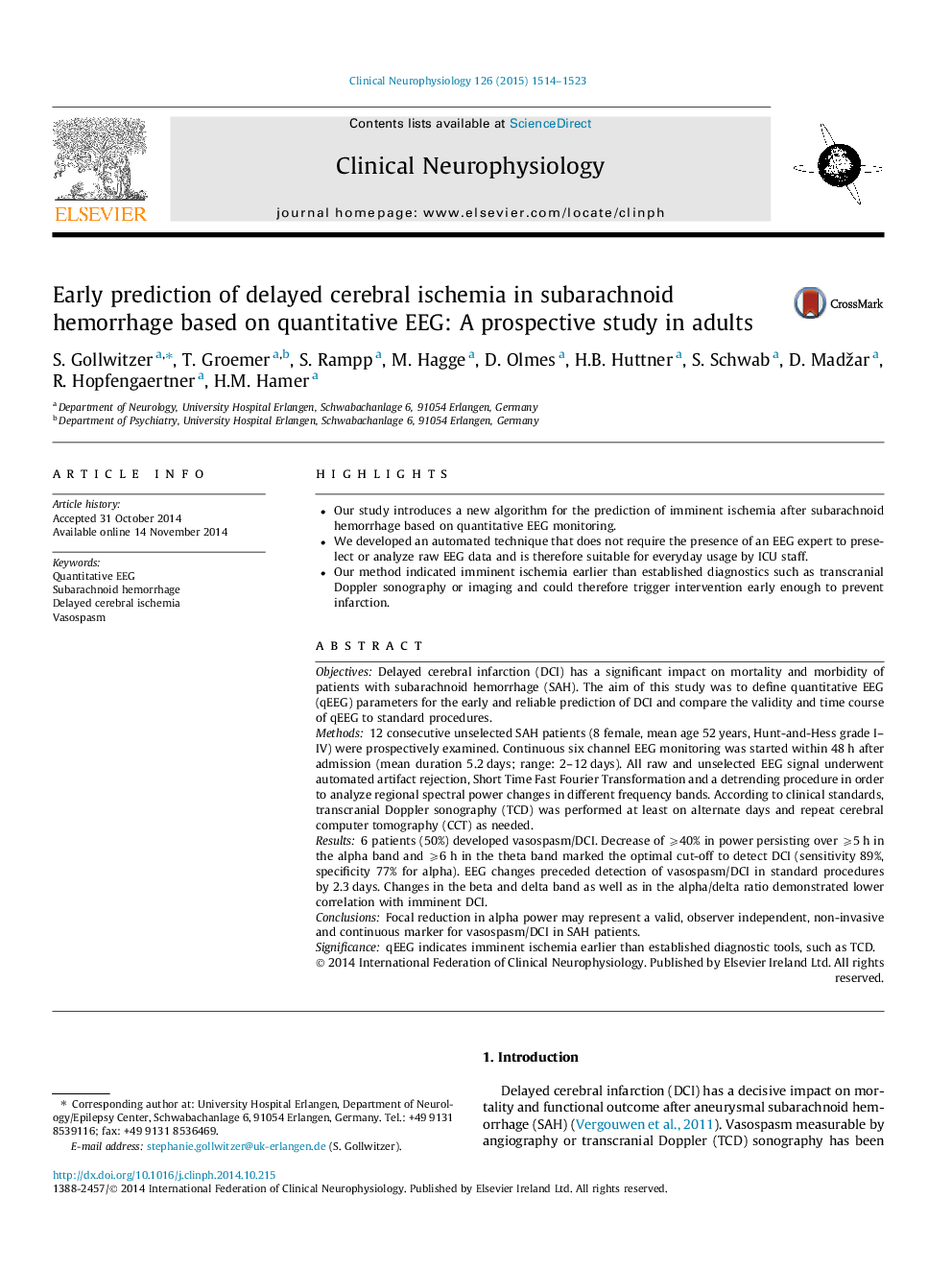 Early prediction of delayed cerebral ischemia in subarachnoid hemorrhage based on quantitative EEG: A prospective study in adults