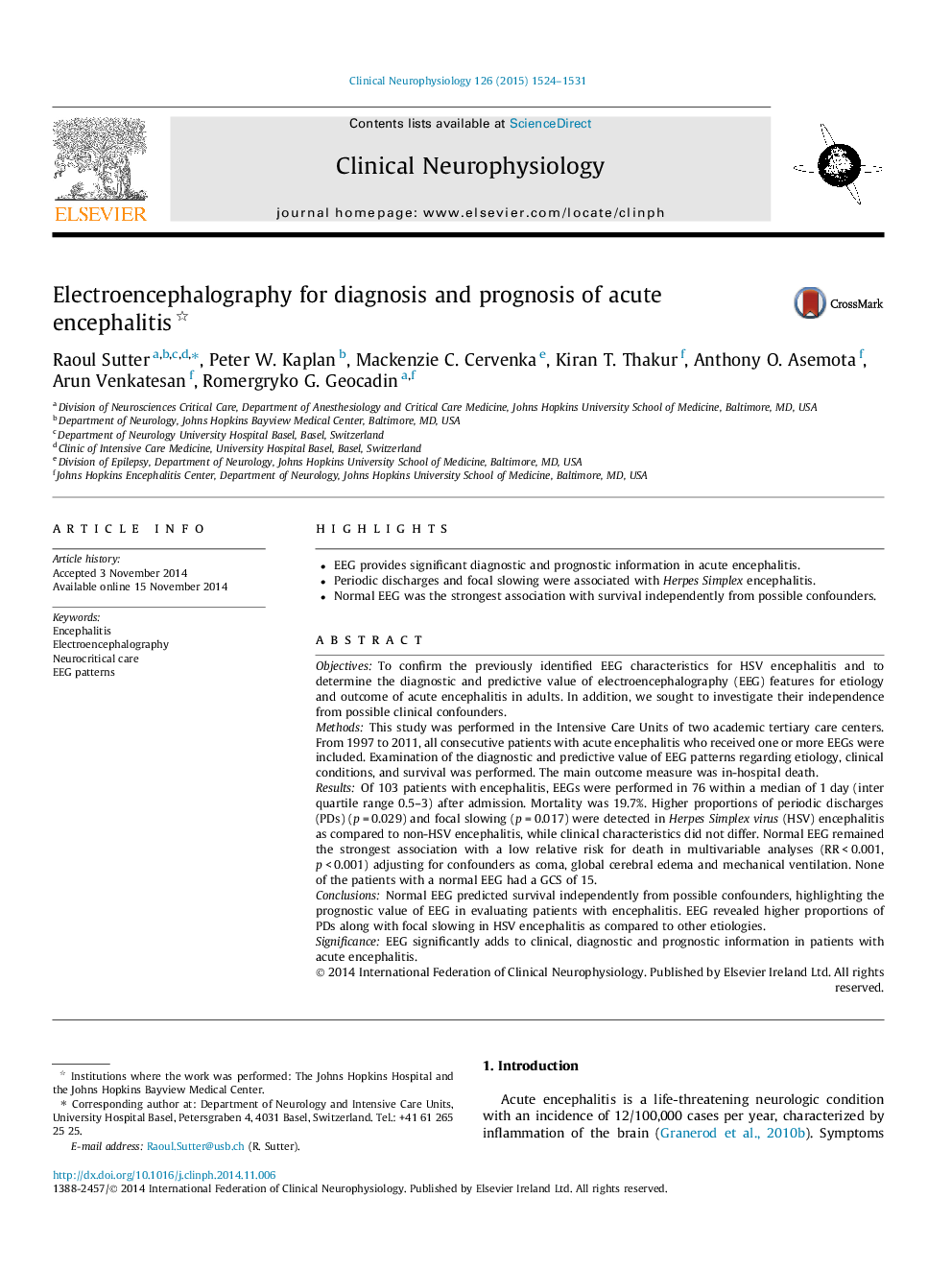 Electroencephalography for diagnosis and prognosis of acute encephalitis 