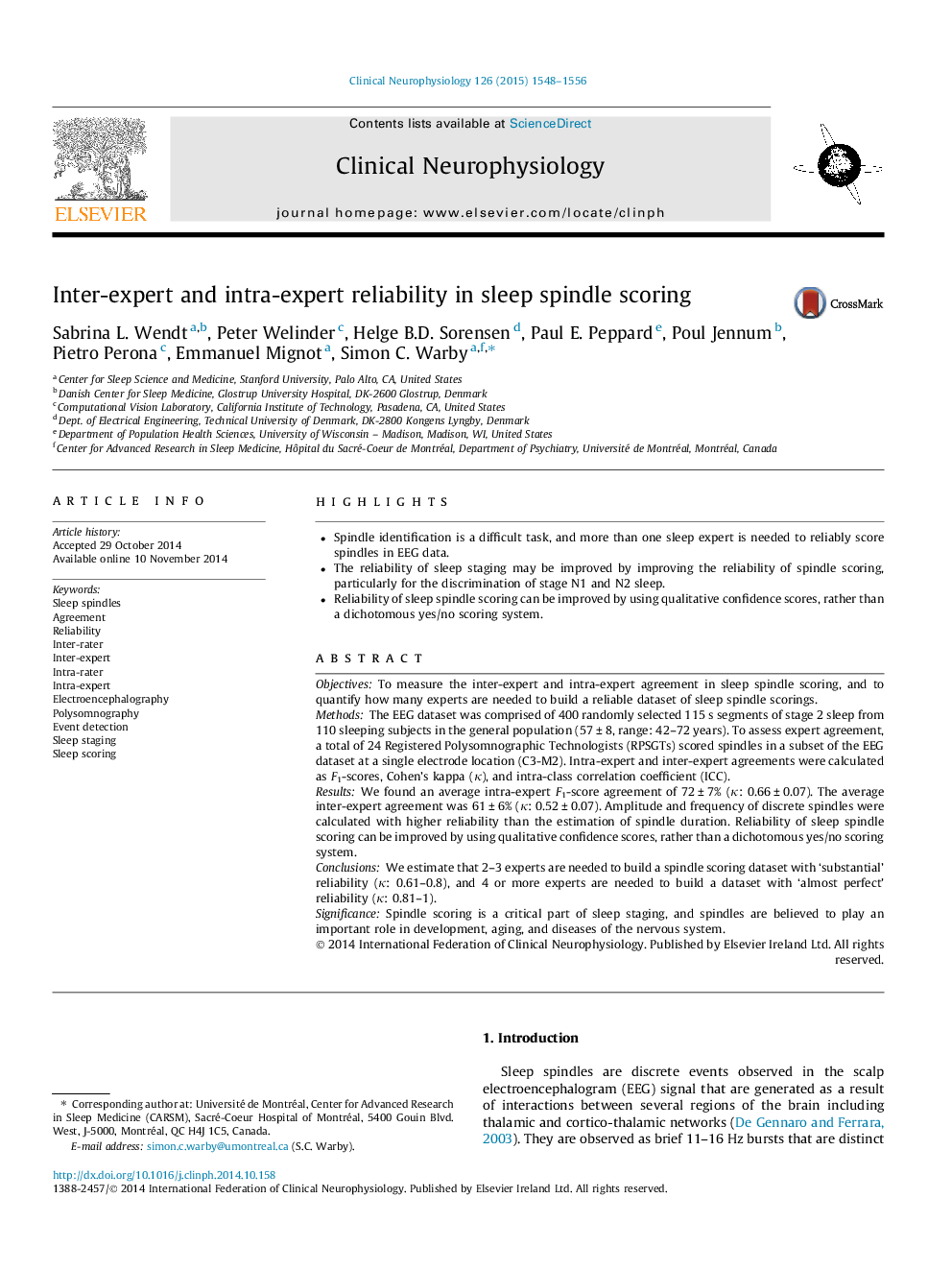 Inter-expert and intra-expert reliability in sleep spindle scoring