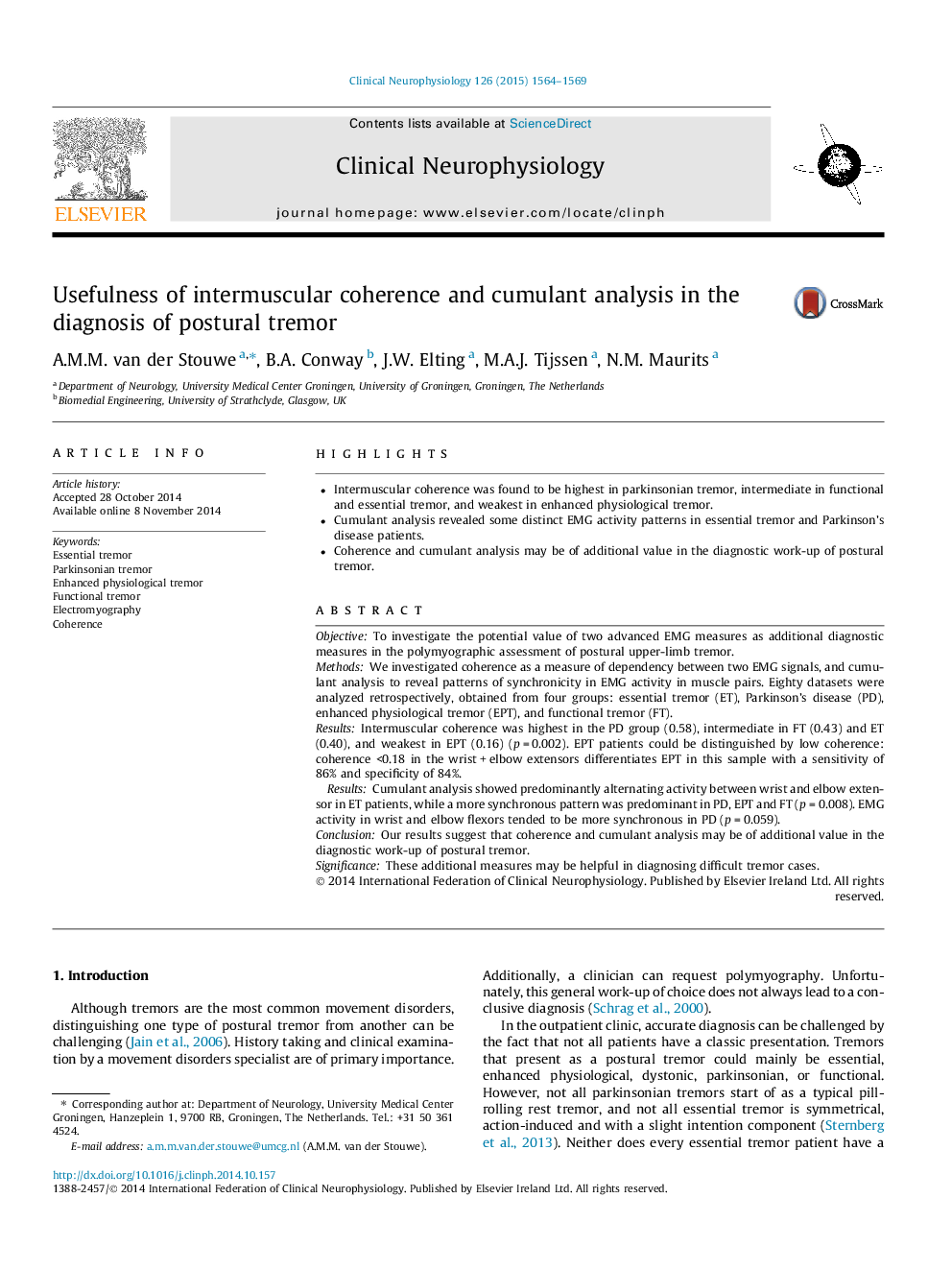 Usefulness of intermuscular coherence and cumulant analysis in the diagnosis of postural tremor