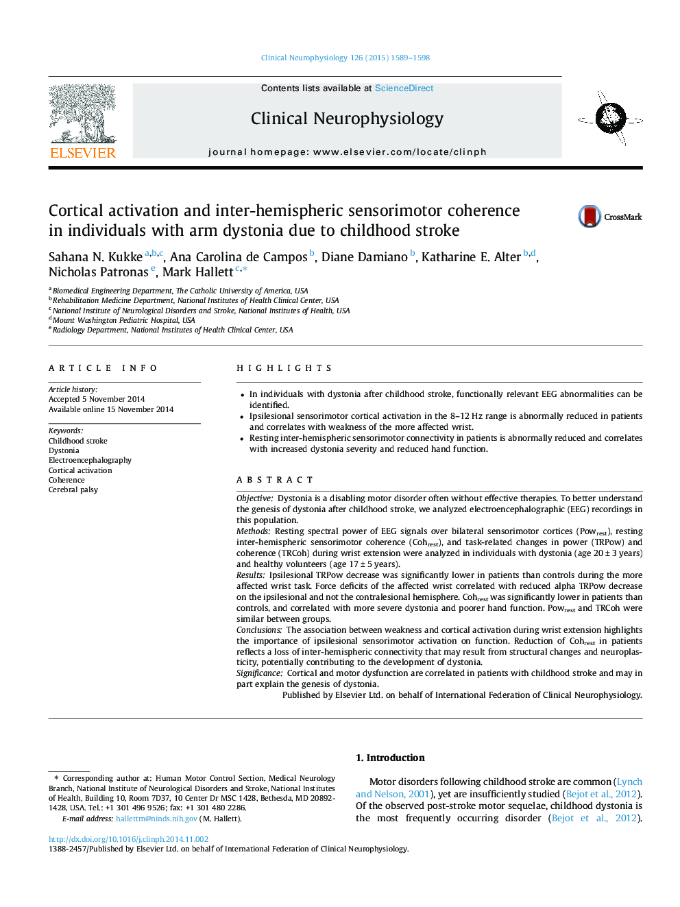 Cortical activation and inter-hemispheric sensorimotor coherence in individuals with arm dystonia due to childhood stroke