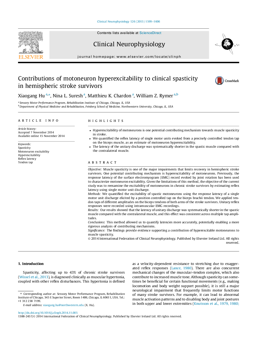 Contributions of motoneuron hyperexcitability to clinical spasticity in hemispheric stroke survivors