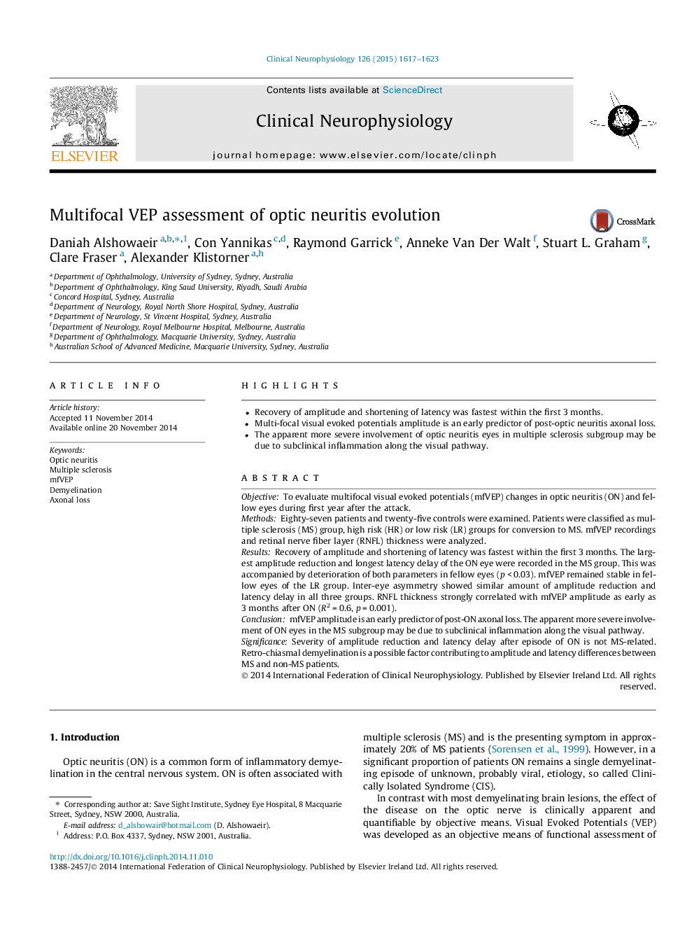 Multifocal VEP assessment of optic neuritis evolution