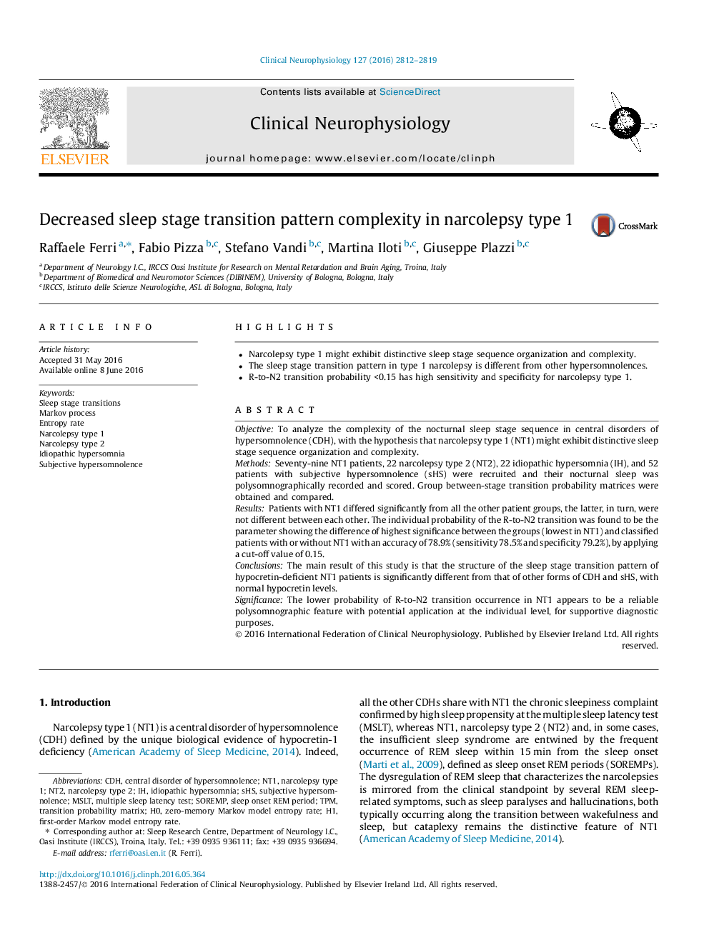 Decreased sleep stage transition pattern complexity in narcolepsy type 1