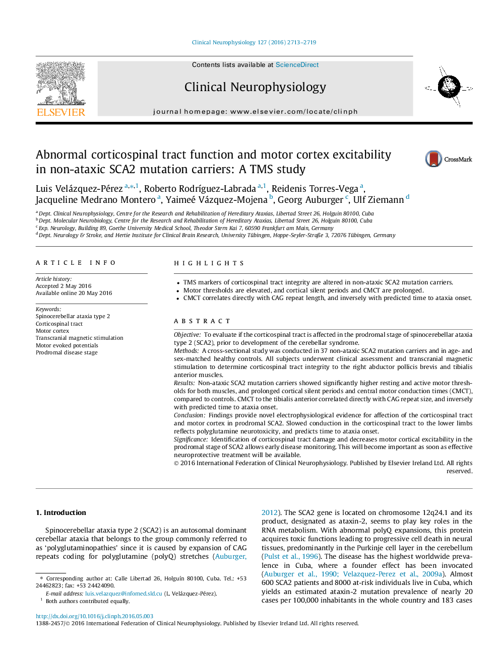 Abnormal corticospinal tract function and motor cortex excitability in non-ataxic SCA2 mutation carriers: A TMS study