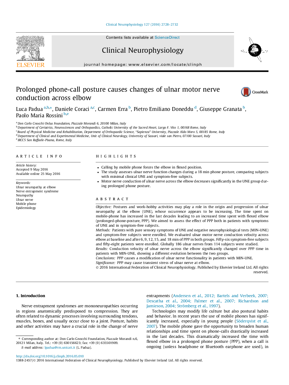 Prolonged phone-call posture causes changes of ulnar motor nerve conduction across elbow