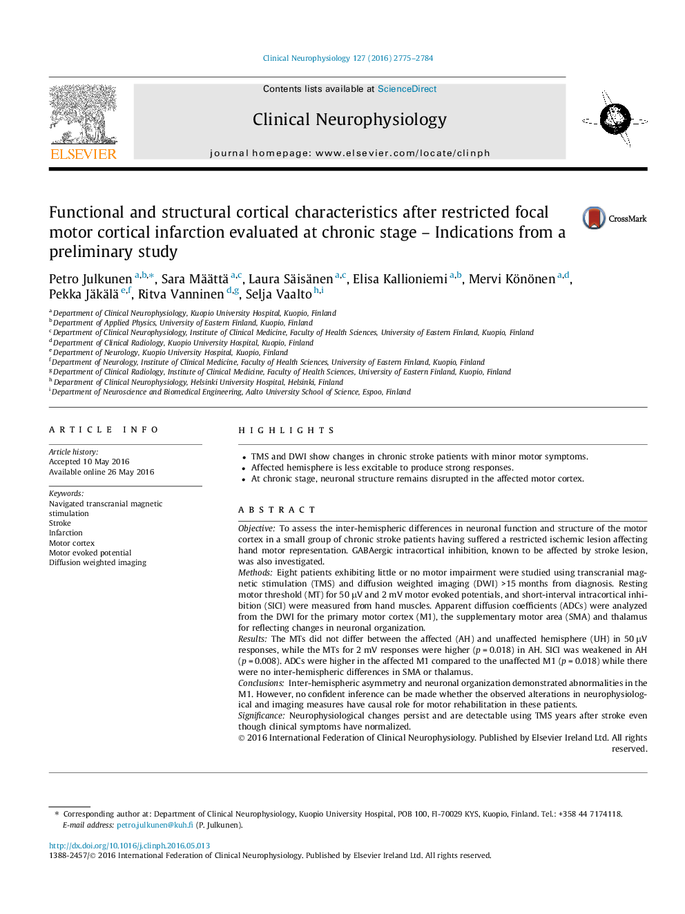 Functional and structural cortical characteristics after restricted focal motor cortical infarction evaluated at chronic stage – Indications from a preliminary study