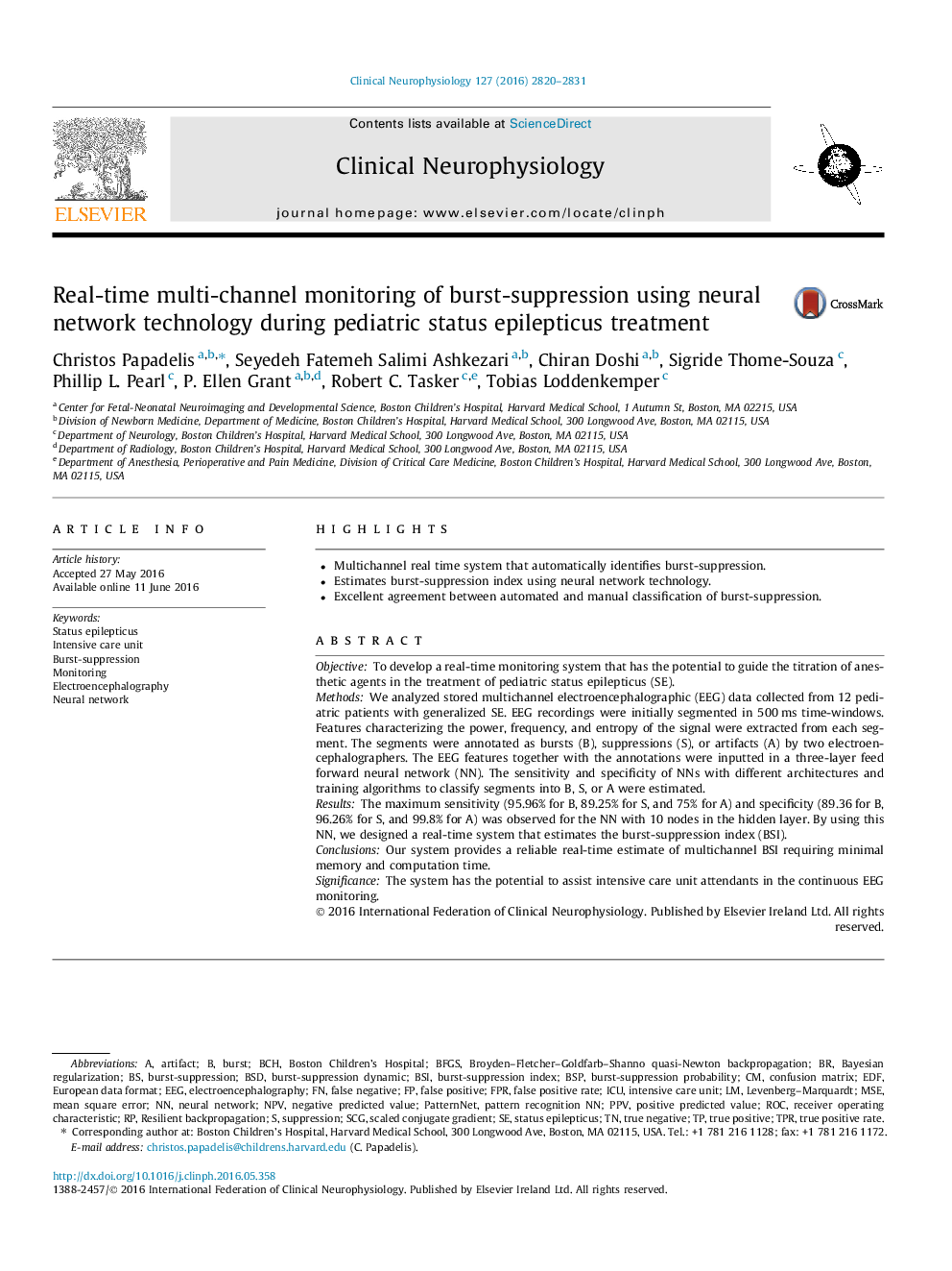 Real-time multi-channel monitoring of burst-suppression using neural network technology during pediatric status epilepticus treatment