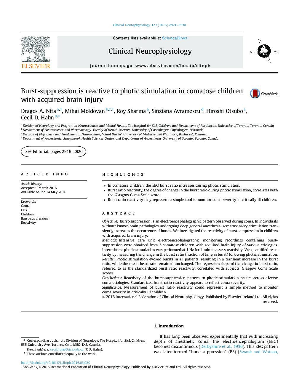 Burst-suppression is reactive to photic stimulation in comatose children with acquired brain injury