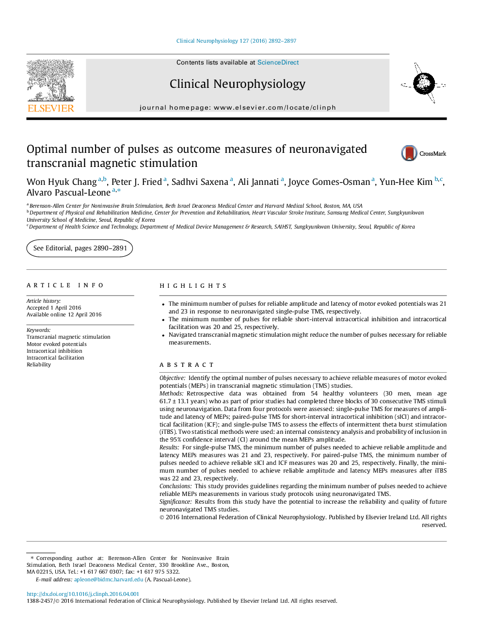 Optimal number of pulses as outcome measures of neuronavigated transcranial magnetic stimulation