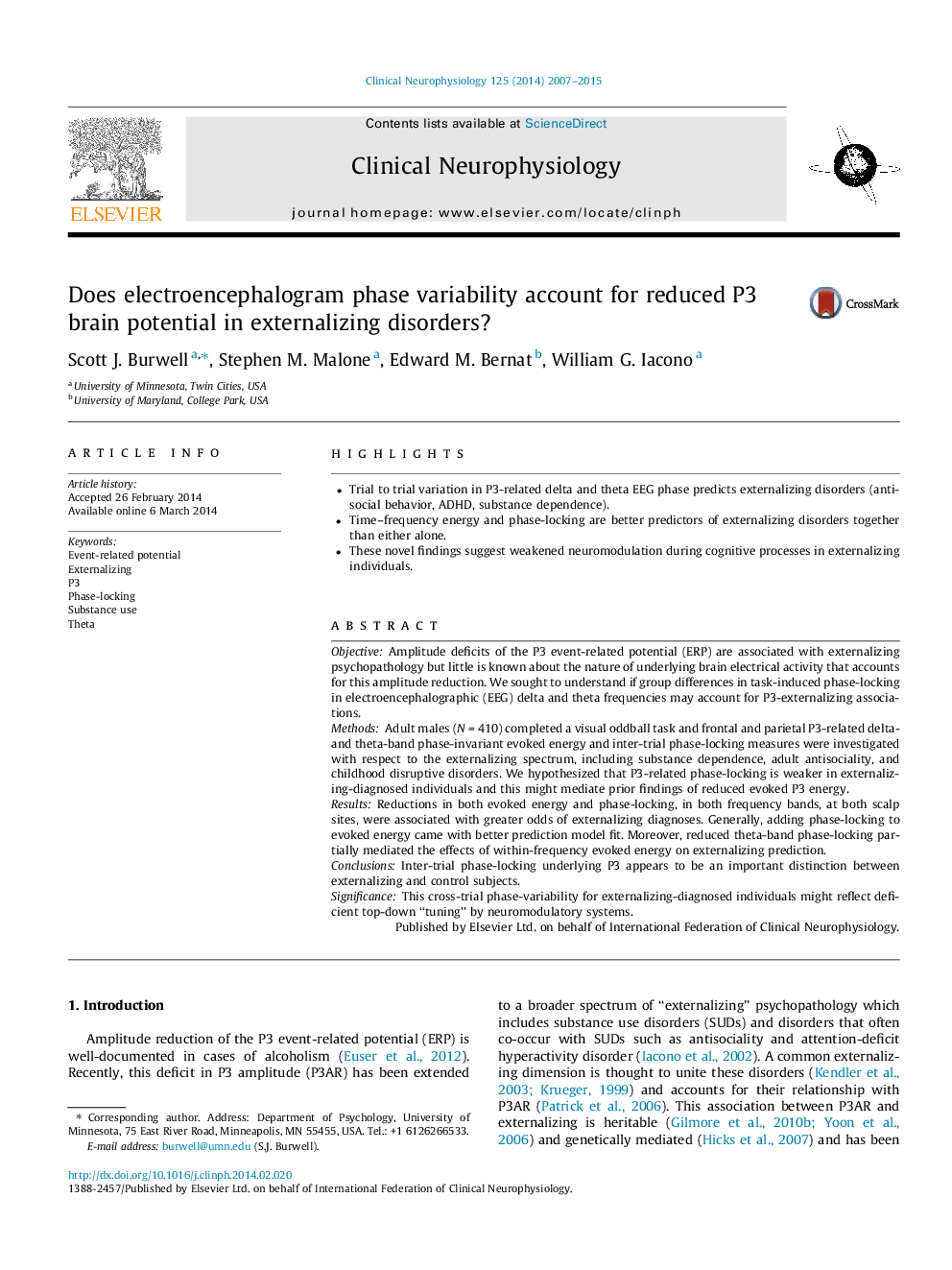 Does electroencephalogram phase variability account for reduced P3 brain potential in externalizing disorders?