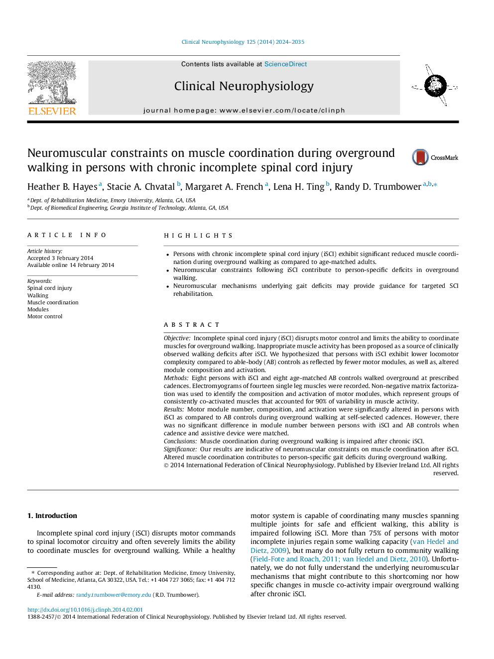 Neuromuscular constraints on muscle coordination during overground walking in persons with chronic incomplete spinal cord injury