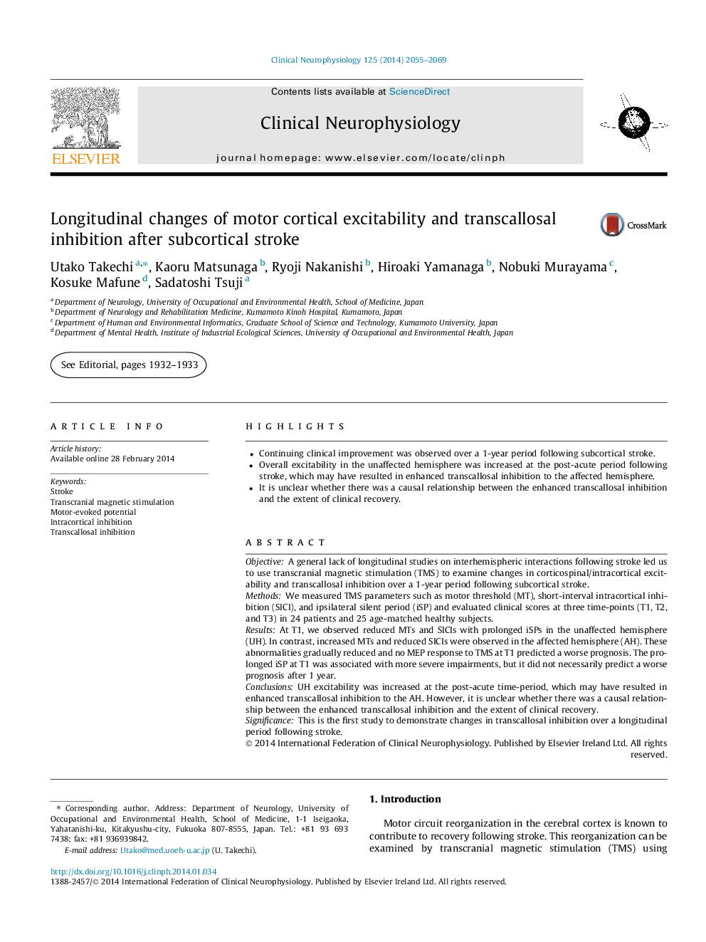 Longitudinal changes of motor cortical excitability and transcallosal inhibition after subcortical stroke