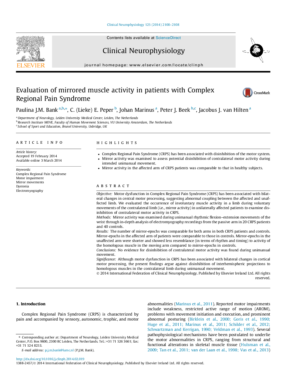 Evaluation of mirrored muscle activity in patients with Complex Regional Pain Syndrome