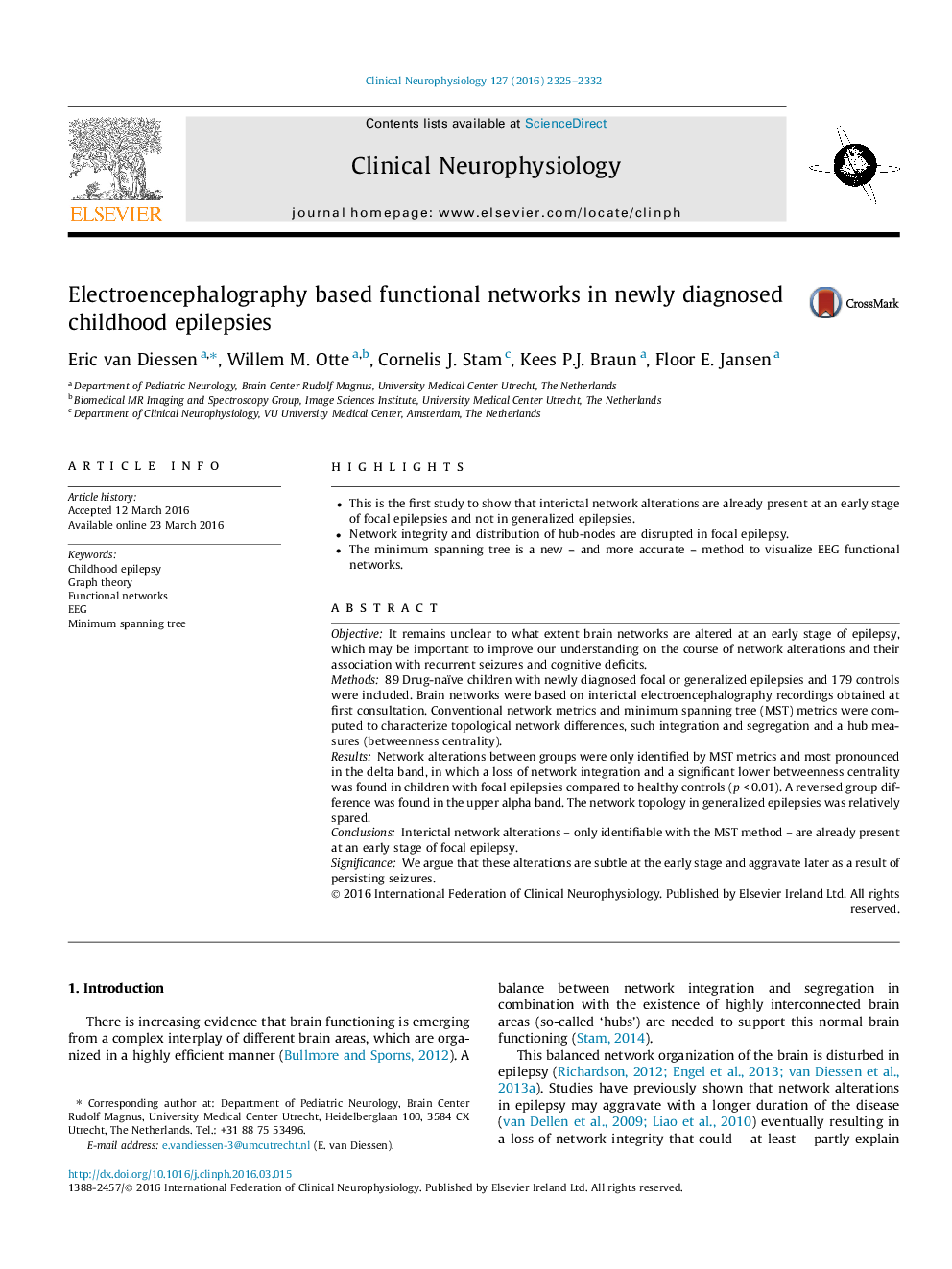 Electroencephalography based functional networks in newly diagnosed childhood epilepsies