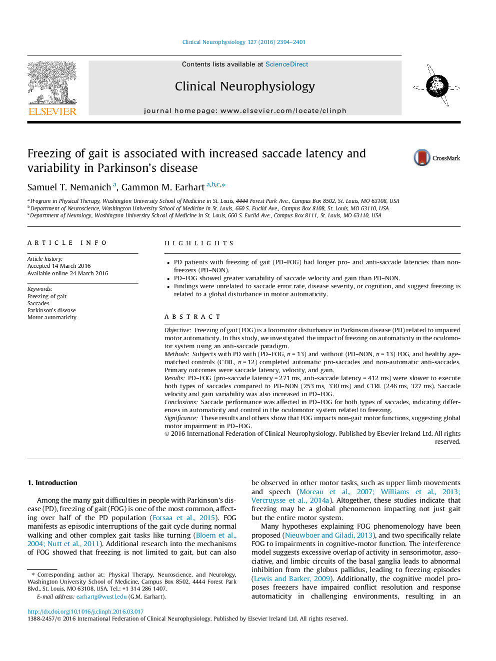 Freezing of gait is associated with increased saccade latency and variability in Parkinson’s disease