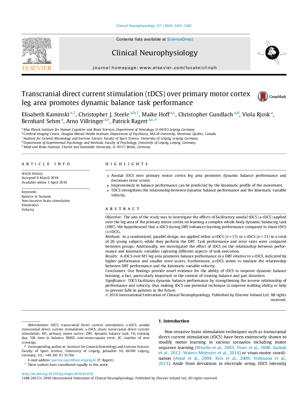 تحرک جريان مستقيم ترانس کرانيال (tDCS) بر ناحيه پا در ناحيه قشر اوليه، عملکرد کاري تعادل پویا را تقويت می کند