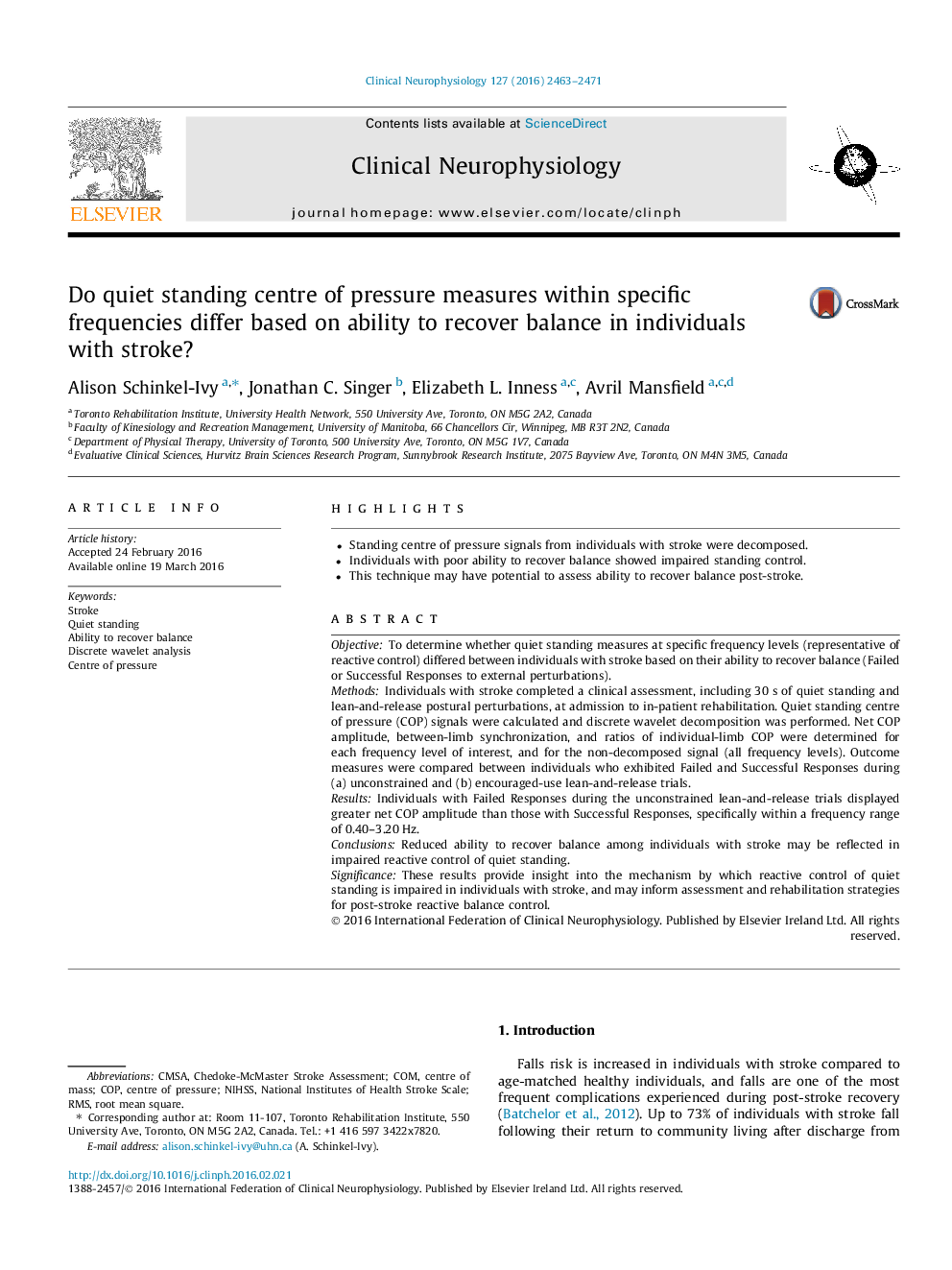 Do quiet standing centre of pressure measures within specific frequencies differ based on ability to recover balance in individuals with stroke?