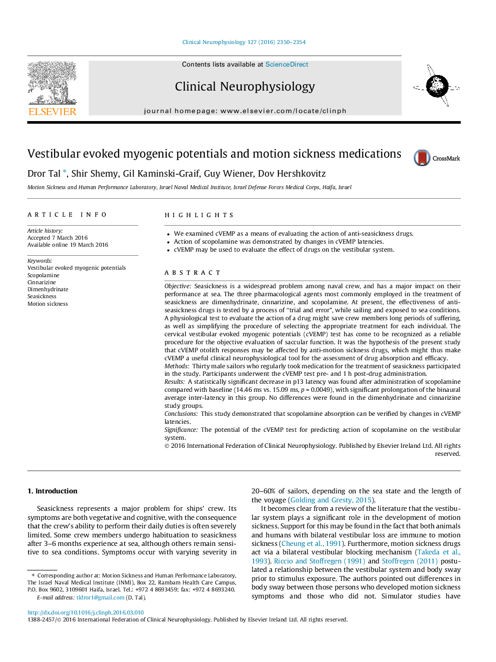 Vestibular evoked myogenic potentials and motion sickness medications