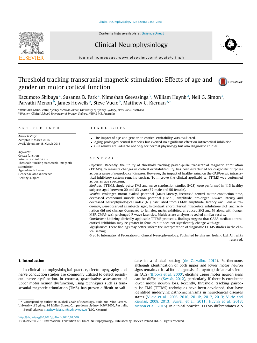 Threshold tracking transcranial magnetic stimulation: Effects of age and gender on motor cortical function