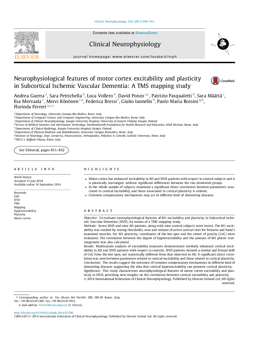 Neurophysiological features of motor cortex excitability and plasticity in Subcortical Ischemic Vascular Dementia: A TMS mapping study