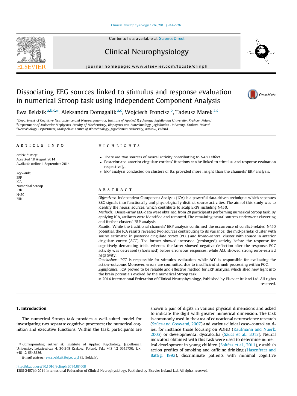 Dissociating EEG sources linked to stimulus and response evaluation in numerical Stroop task using Independent Component Analysis