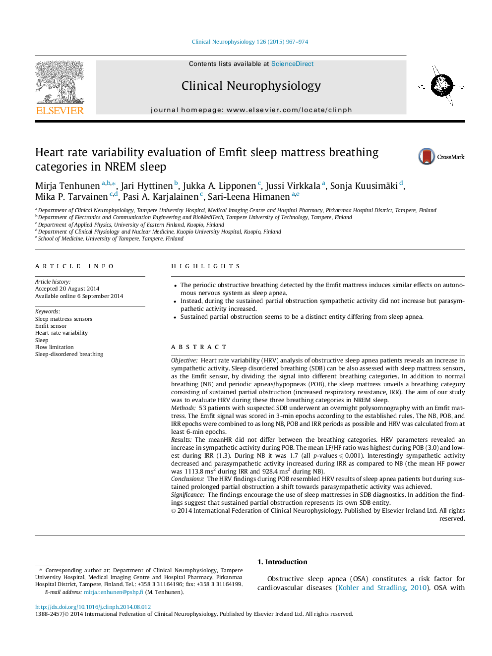 Heart rate variability evaluation of Emfit sleep mattress breathing categories in NREM sleep