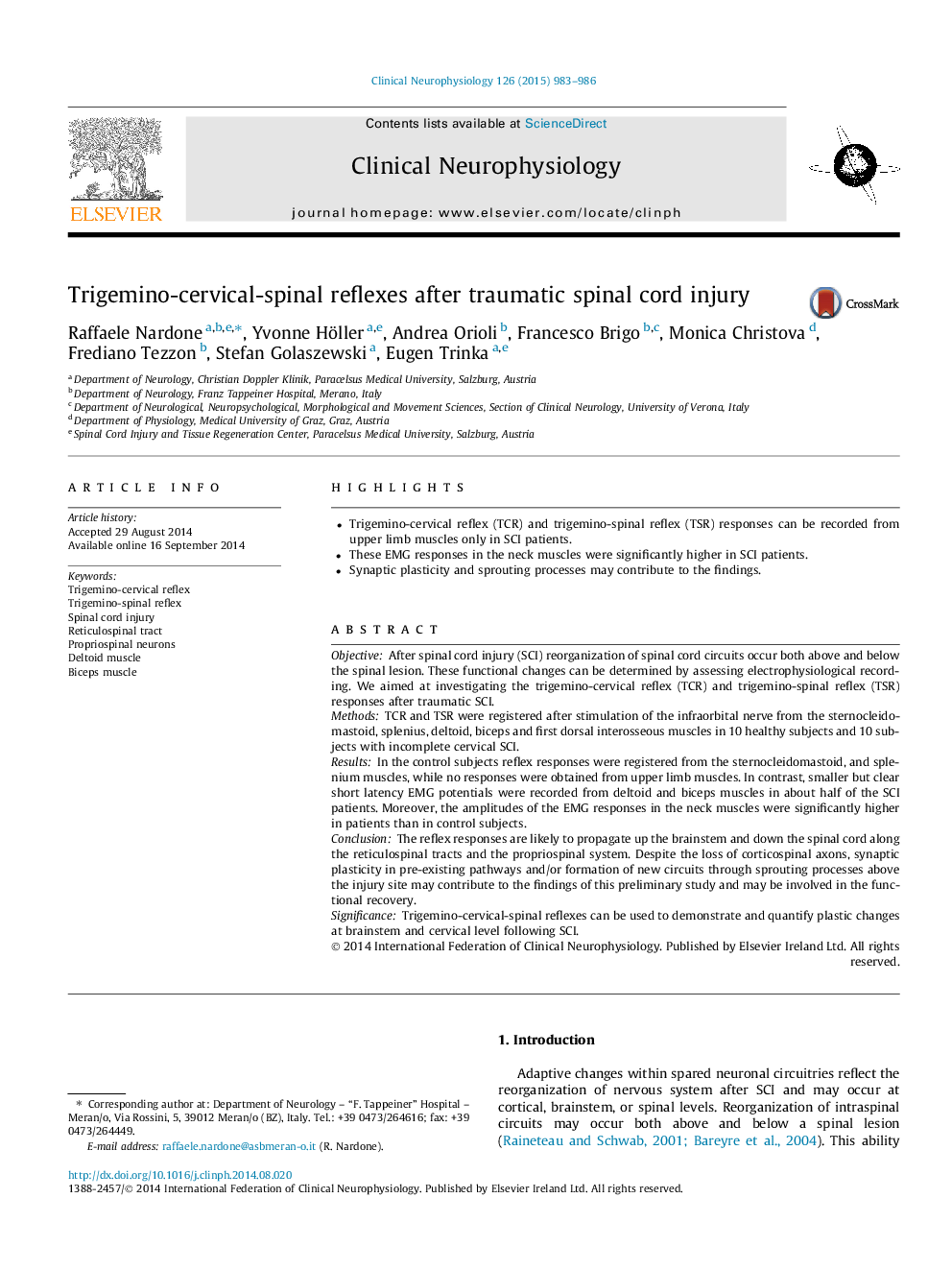 Trigemino-cervical-spinal reflexes after traumatic spinal cord injury