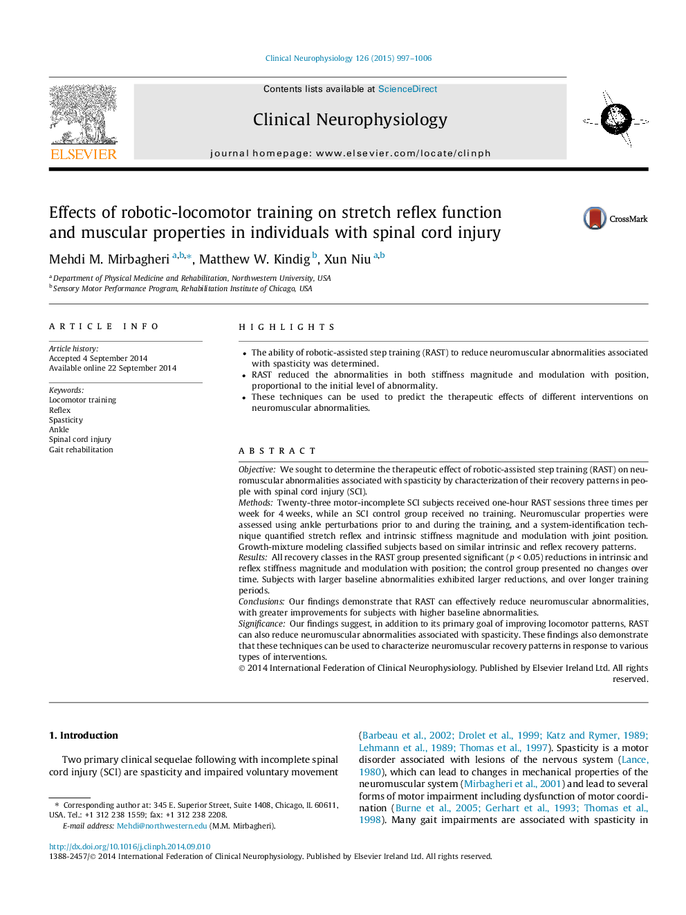 Effects of robotic-locomotor training on stretch reflex function and muscular properties in individuals with spinal cord injury