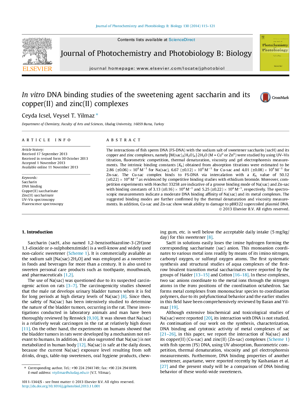 In vitro DNA binding studies of the sweetening agent saccharin and its copper(II) and zinc(II) complexes