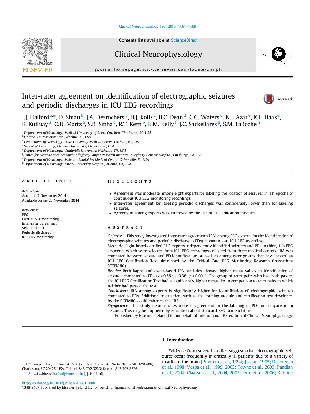 Inter-rater agreement on identification of electrographic seizures and periodic discharges in ICU EEG recordings