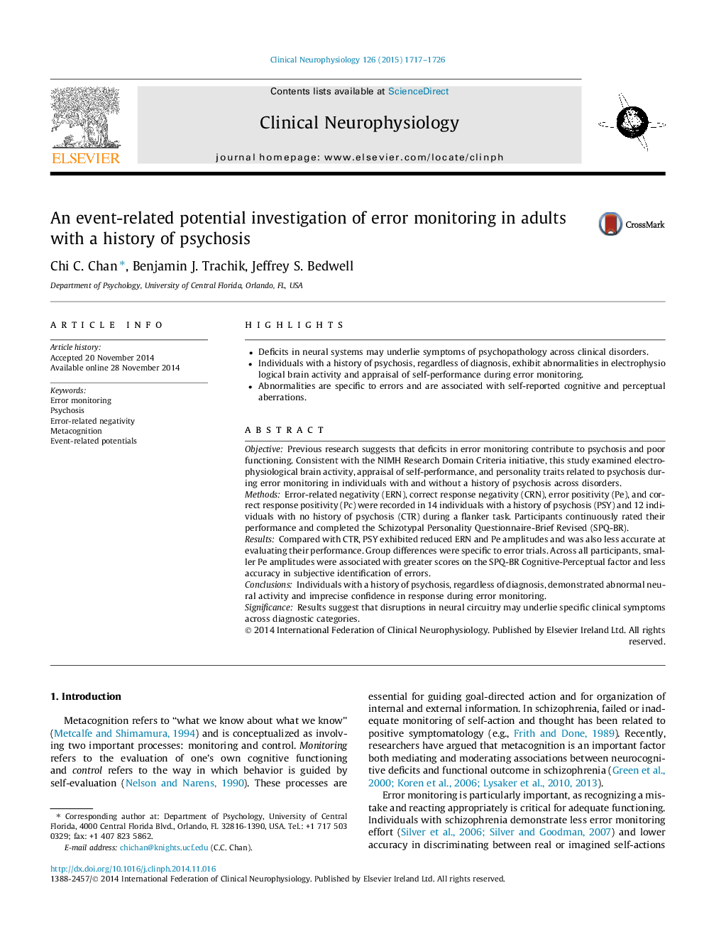 An event-related potential investigation of error monitoring in adults with a history of psychosis