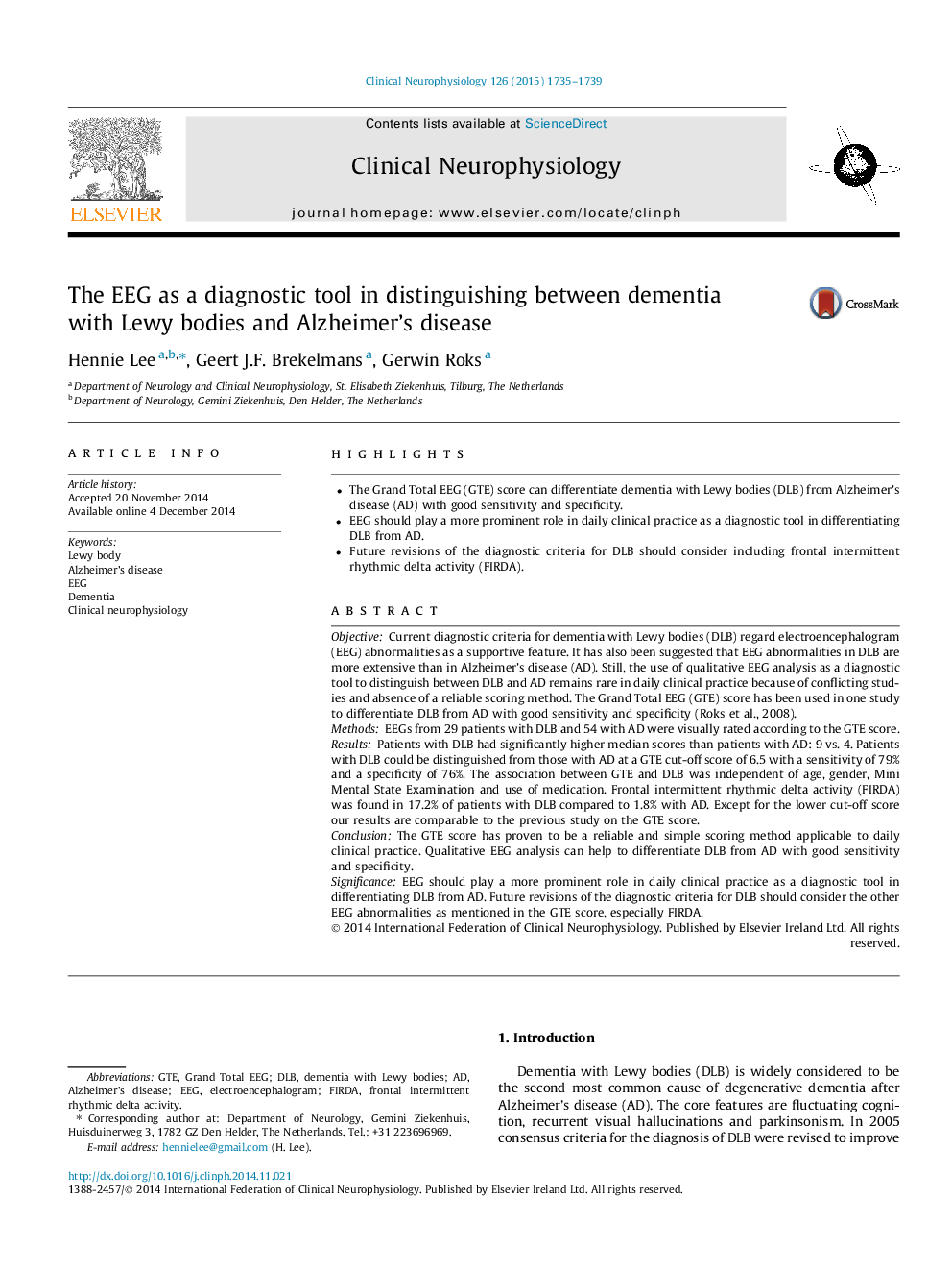 The EEG as a diagnostic tool in distinguishing between dementia with Lewy bodies and Alzheimer’s disease