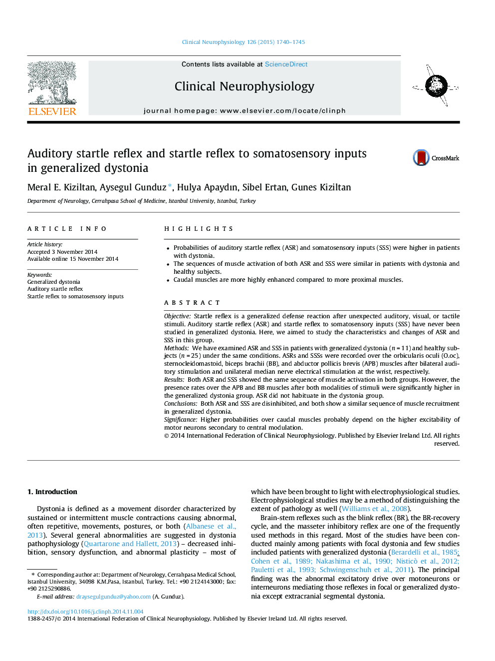 Auditory startle reflex and startle reflex to somatosensory inputs in generalized dystonia