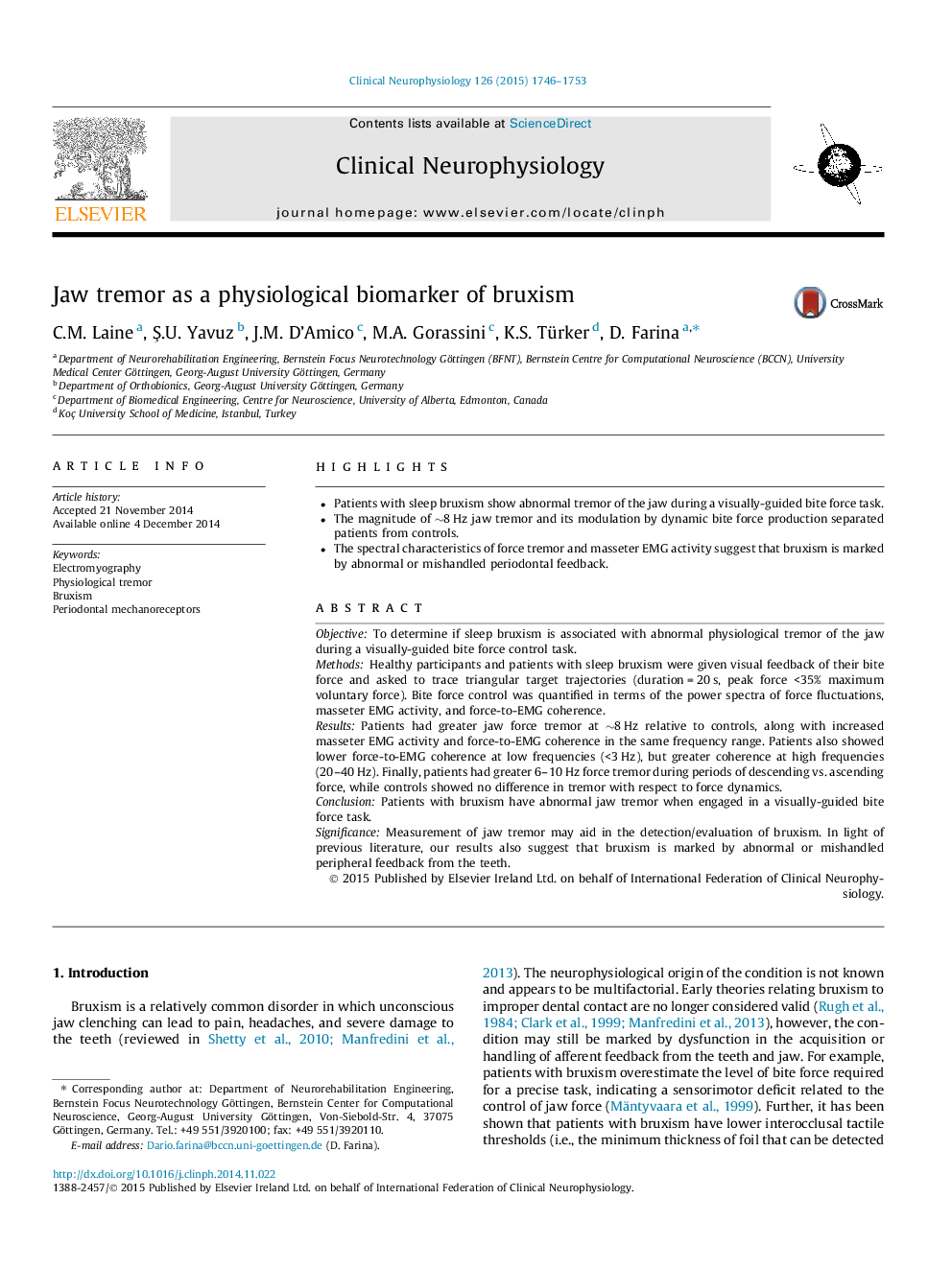 Jaw tremor as a physiological biomarker of bruxism